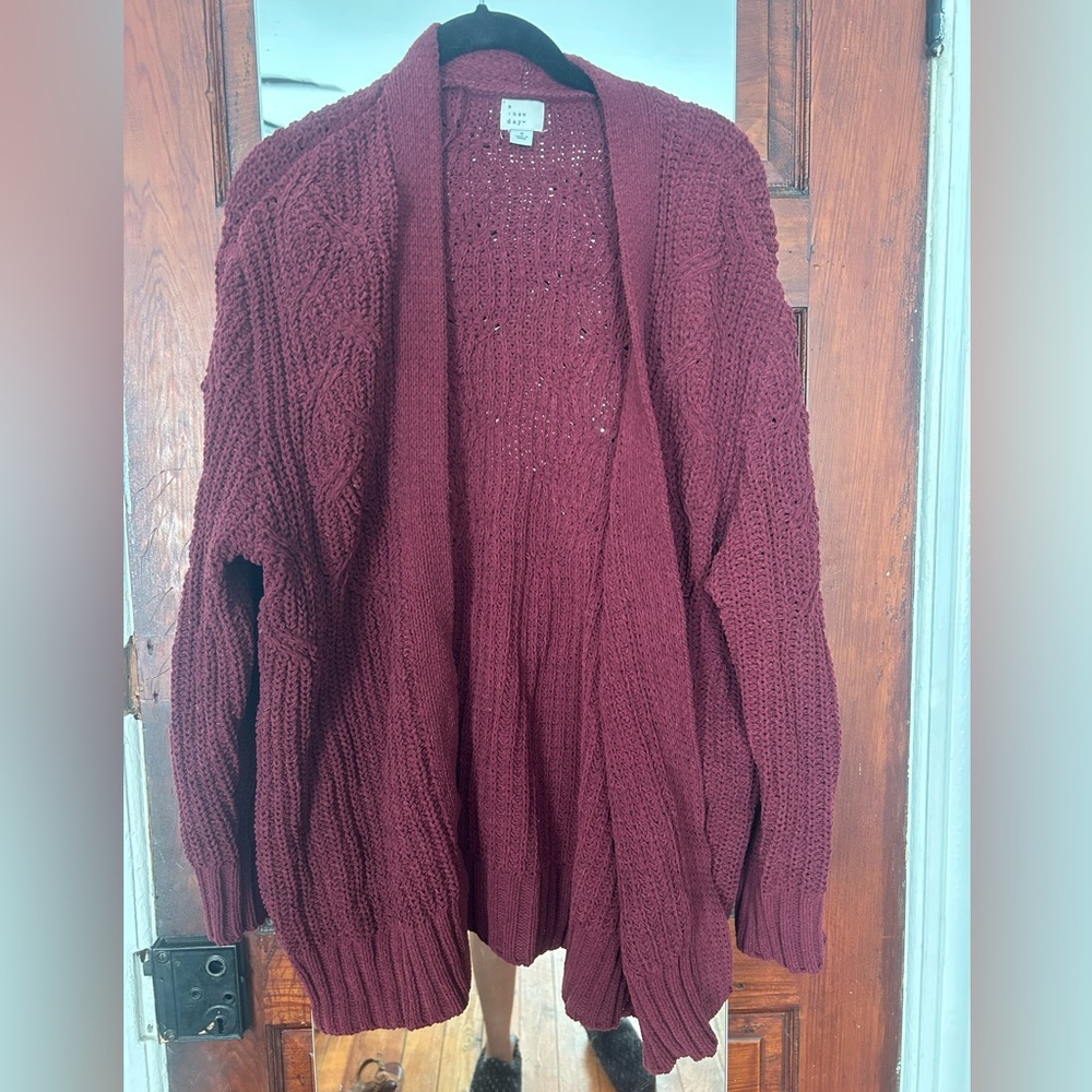 A New Day Burgundy Open Front Sweater
